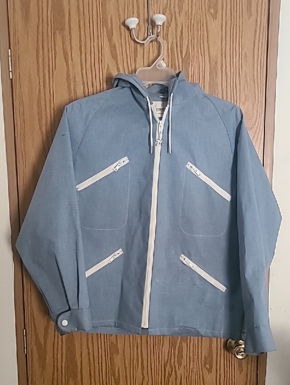 Vintage 80s Light Powder Blue Hooded Rain Zip  Jacket with White Trim